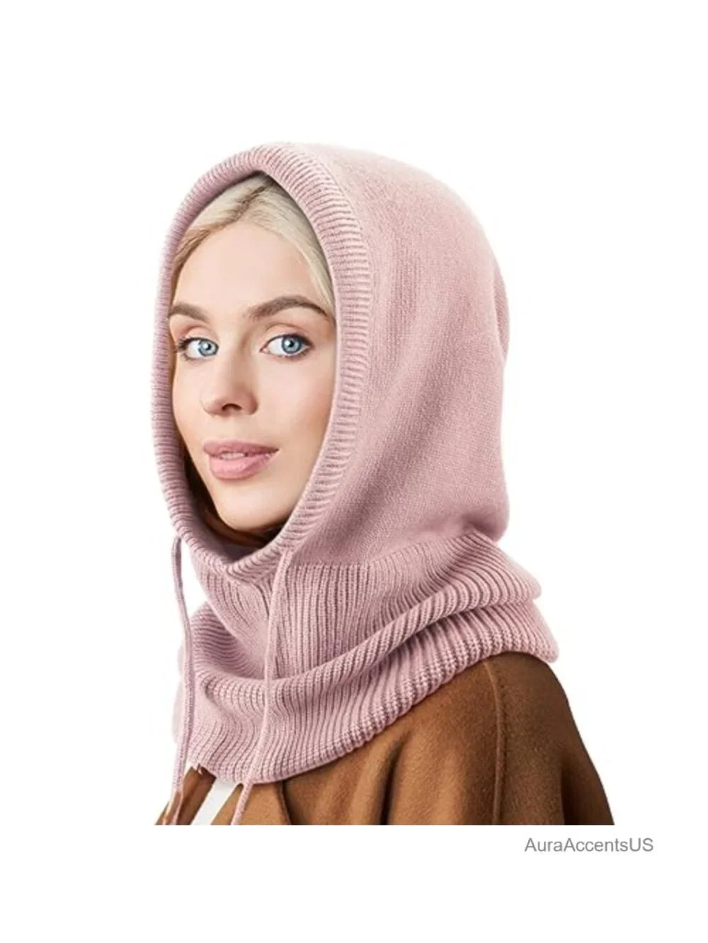 Knit Balaclava Hooded Scarf Hat with Drawstring Winter Beanie for Women Men